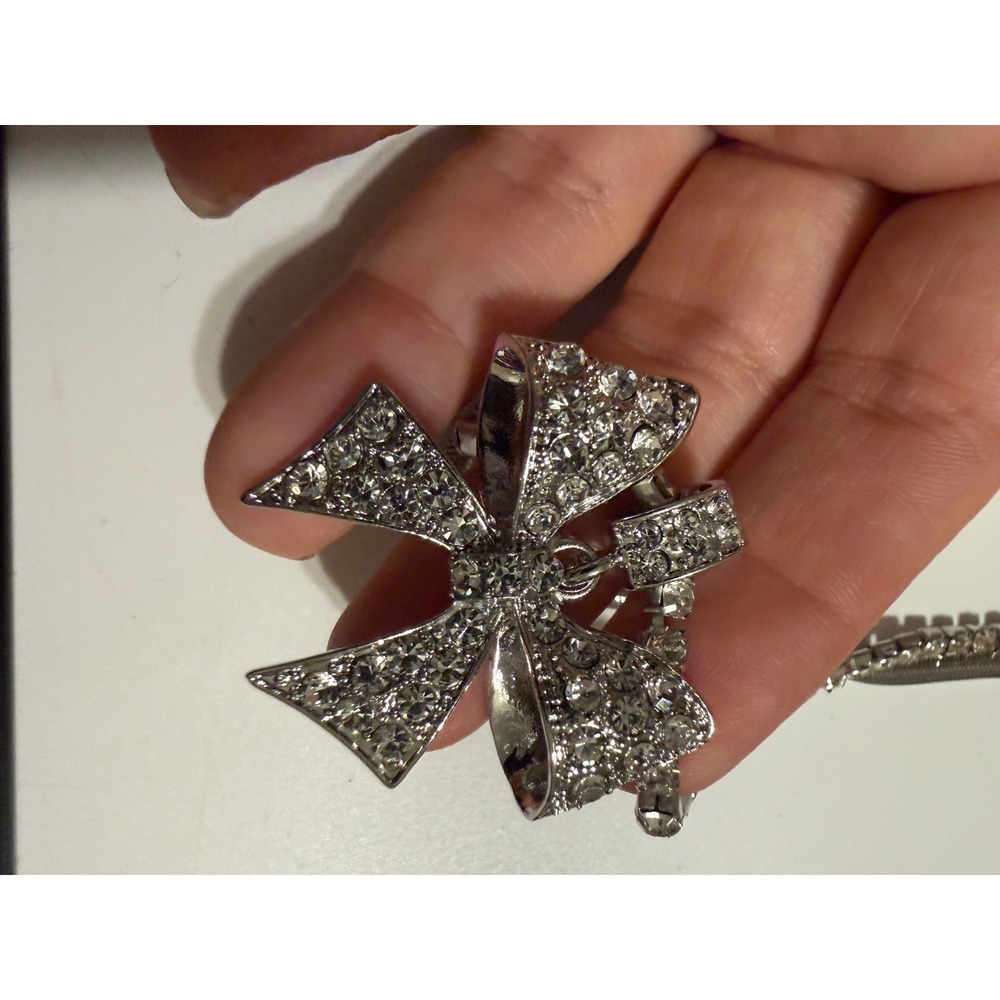 Silver Tone Rhinestone Bow Pendant Layered Snake Tennis Chain Necklace Clear